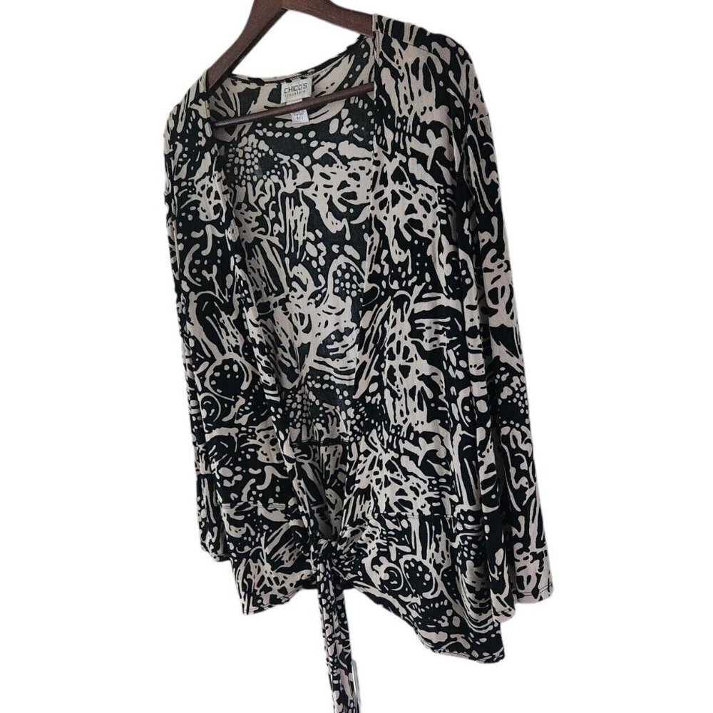 Chicos Travelers Black Beige Tie Front Cardigan Top 3/4 Sleeves Size 3 XL - Picture 4 of 7